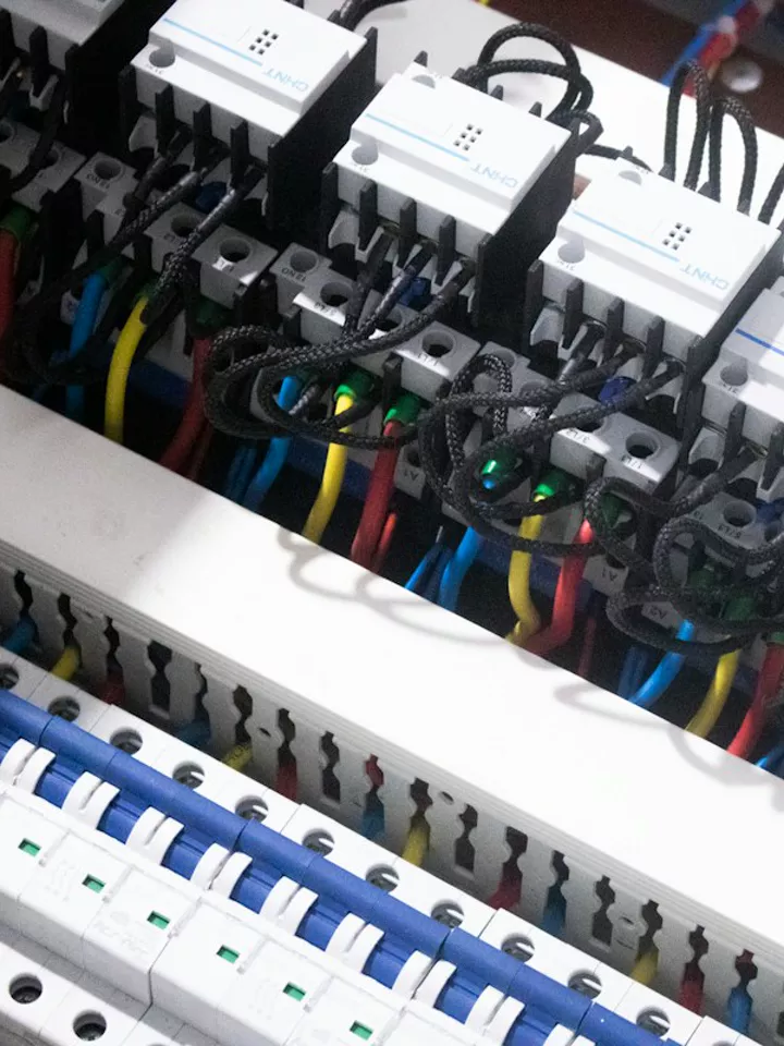 Colour-coded wiring in an open breaker box
