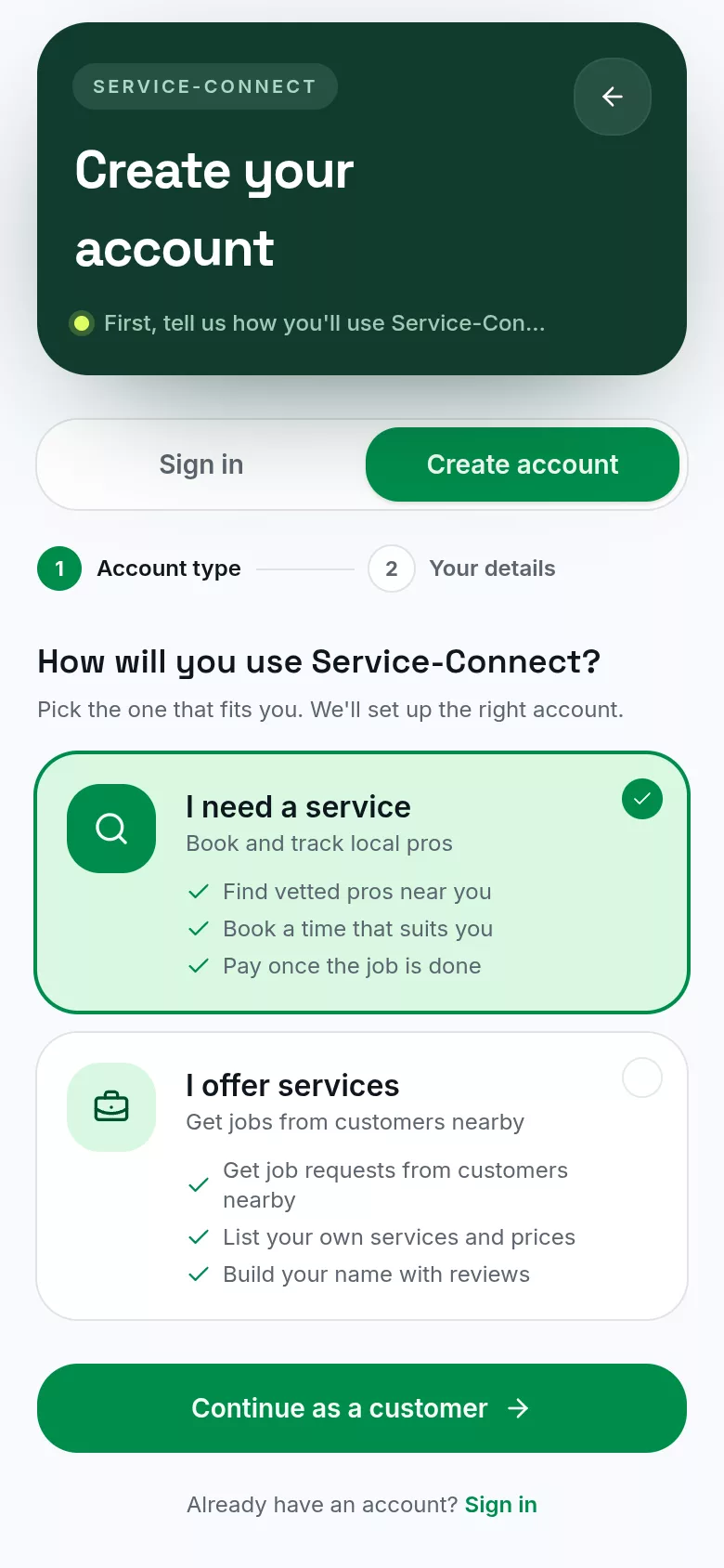 Choosing 'I offer services' when creating an account