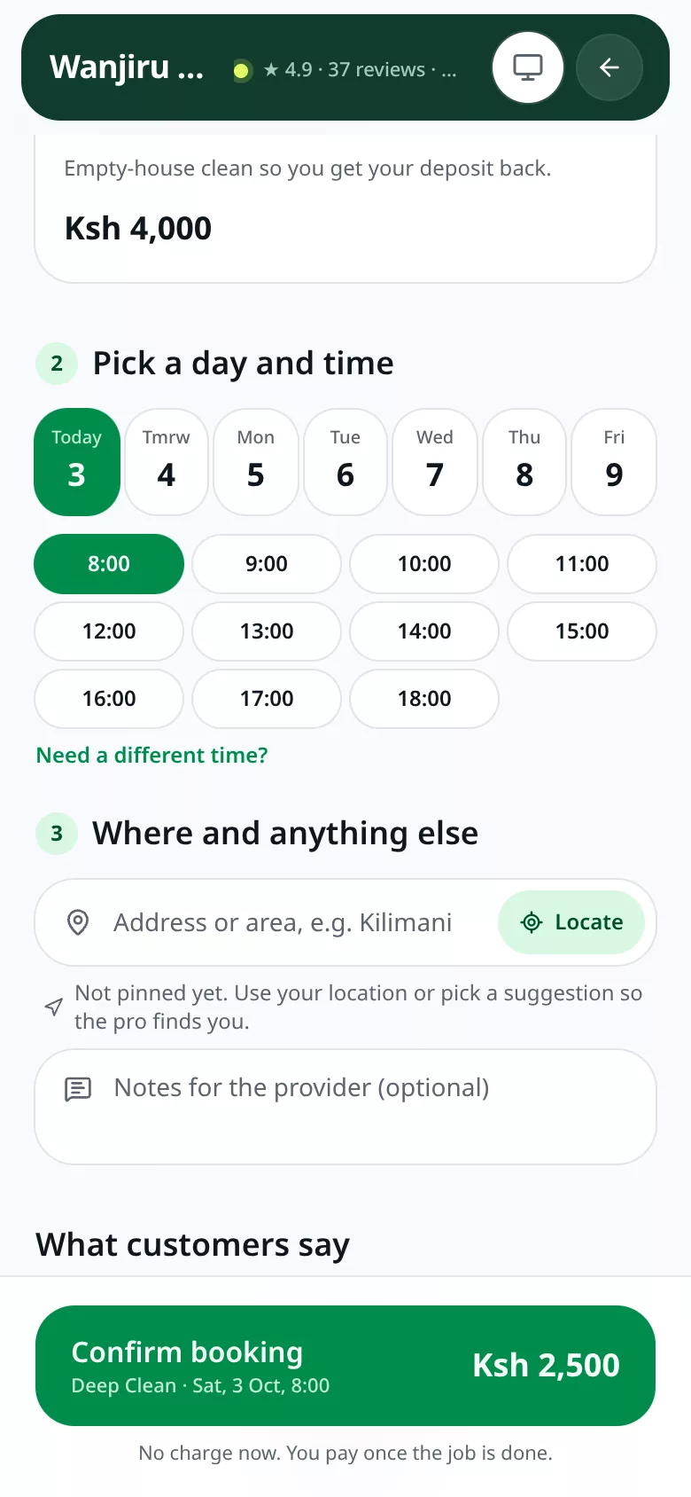 Choosing a day and time slot