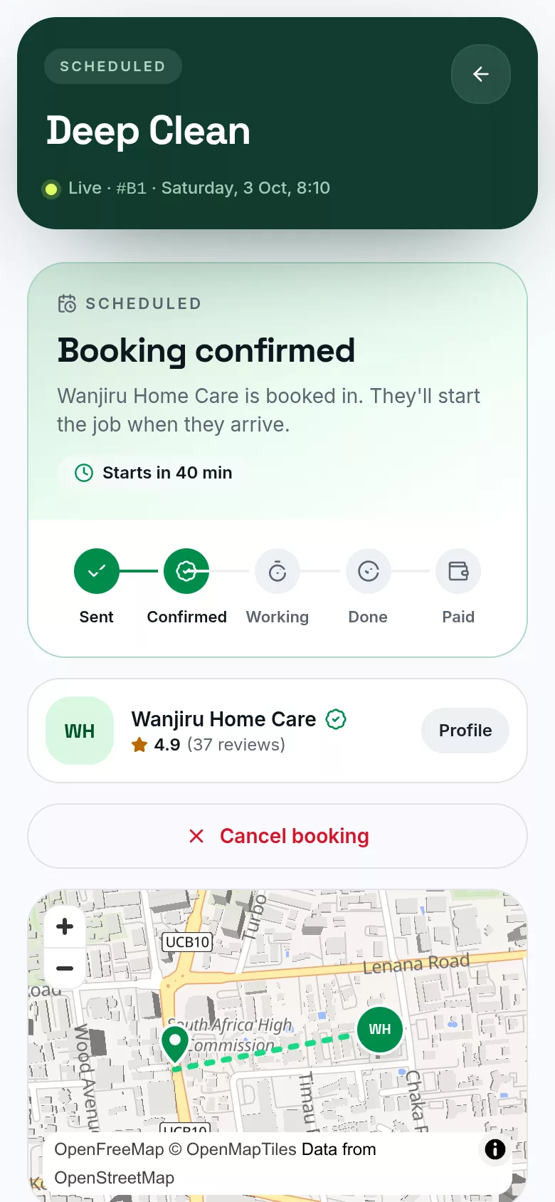 The booking screen once the pro confirms