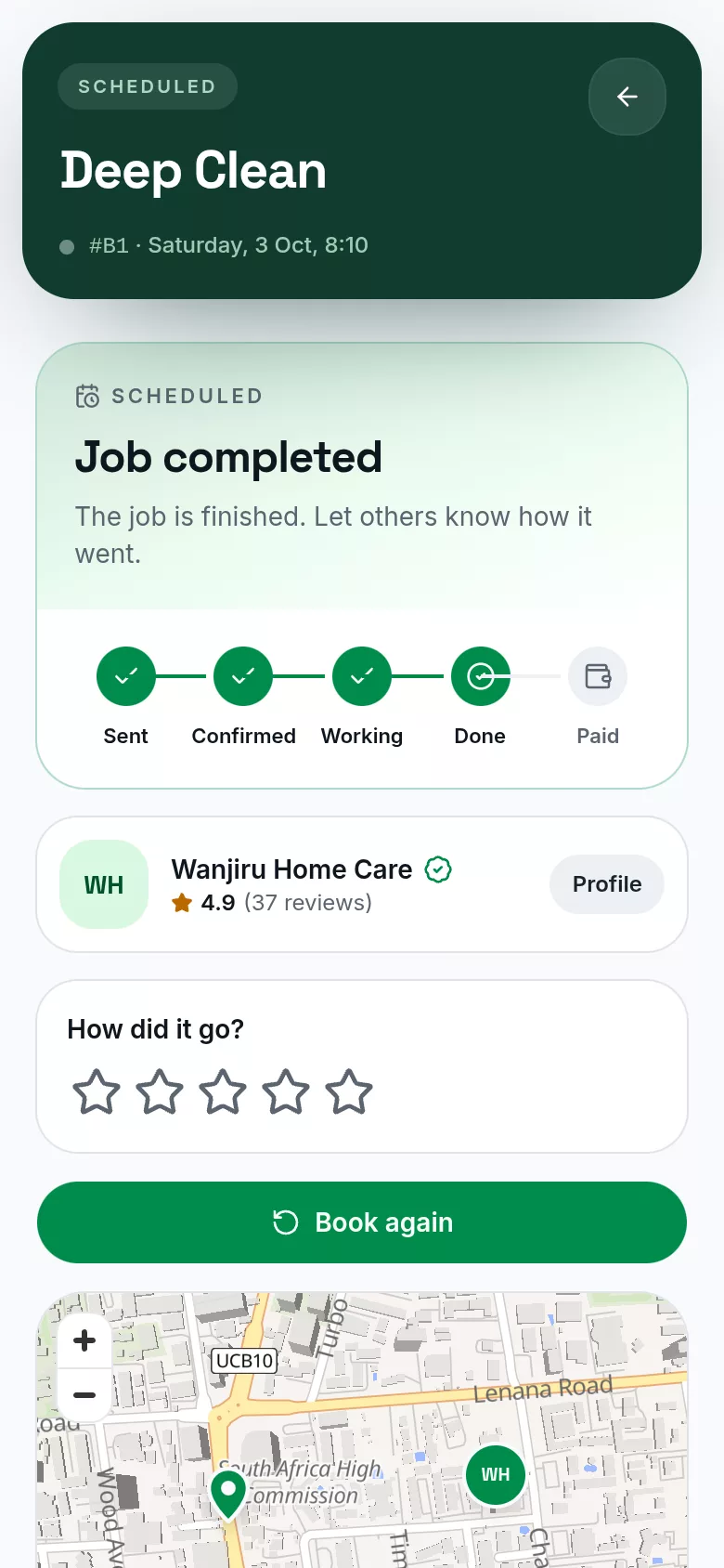 The booking screen when the job is complete