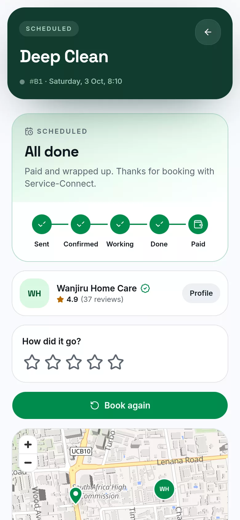 The booking screen after paying