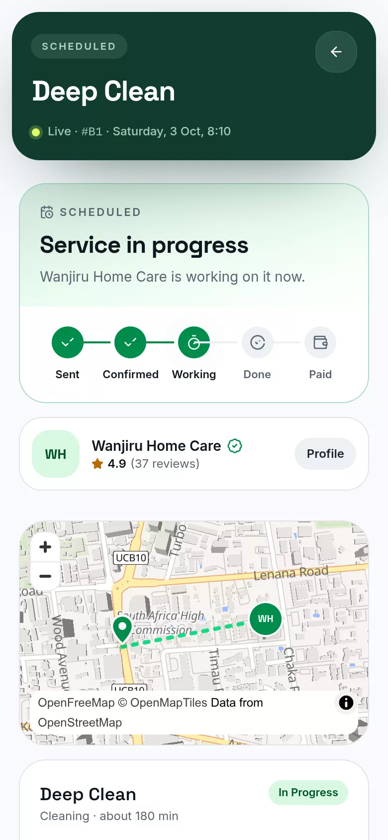 The booking screen while the job is in progress